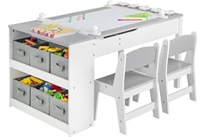 Maxmass 2-in-1 Kids Art Table and Chair Set, Children Lift-top Wooden Craft Table with Open Shelf, Paper Roll, 6 Storage Boxes, Toddler Play Tables for Drawing Learning (Gray, 5 Cups)