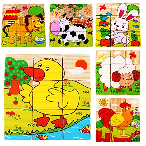 VWH Holz 9 Stück Würfel Puzzles Kinder bunt bemalten Blöcke - Waldtiere