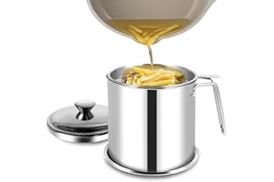 FYEME Tamis à huile - Récipient à graisse de bacon avec tamis - Réservoir d'huile en acier inoxydable avec socle et couvercle pour le stockage de l'huile de friture et de la graisse alimentaire