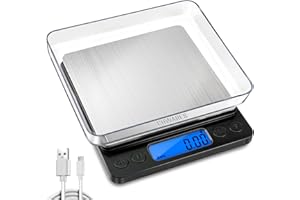 CHWARES Balance de cuisine numérique, 500g/0.01g, mini balance de cuisine électrique, balance numérique étanche, rechargeable par USB, écran LCD, en acier inoxydable, pour les ingrédients, café, noir