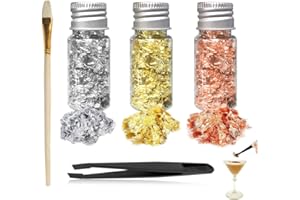 JAWUZ Lot de 3 Bouteilles de Feuilles d'or pour gâteaux, Flocons de Feuille d'or, pour Mousse, pâtisserie，Avec pince à épiler et brosse