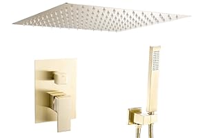 VALAZ Ducha Encastrada Dorado Cepillado Protección PVD | Ducha Monomando 2 Vías, Rociador Efecto Lluvia | Instalación en Techo Fácil y Rápida | Inoxidable, Cuadrada, Rociador 30 cm, Serie Tajo