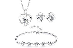 Josfeva Parure Femme Argent Fin 925, Ensemble de Boucles d'oreilles Bracelet en Forme de Trèfle Collier de Coeur avec Zircon Cubique Blanc, Clous Chaîne Pendentif Hypoallergénique pour Femme Fille