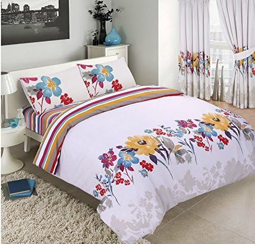 KING BED DUVET QUILT COVER BEDDING SET PILLOWCASES FLORAL STRIPES EMELIA WHITE