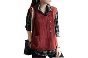 ALLOAONE Cárdigan De Punto Sin Mangas con Cuello Redondo Y Un Solo Pecho para Mujer, Chaleco Informal con Bolsillo Suelto