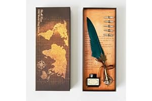 mreechan Stylo Dip à Plume, Quill Feather Pen Set,Vintage Quill Feather Pen Ink Setavec Encre, 5 Pointes de Rechange et Noire Bouteille d'encre pour Écriture ou Cadeau (green)