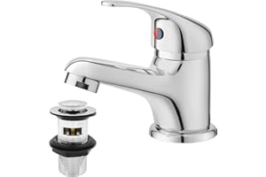 Basin Mixer Tap with Pop Up Waste, BATHWEST Classic Brass Chrome Monobloc Bathroom Sink Taps with Sink Plug, Single Lever Morden Basin Taps with Waste 022NCR