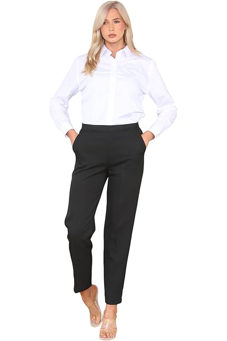 click2style Ladies 2 Way Stretch Inside Leg 25 (Short) INCHES Half  Elasticated Waist Work Office Trousers Pockets Pants (UK, Numeric, 8,  Regular, Short, Black) : Amazon.co.uk: Fashion
