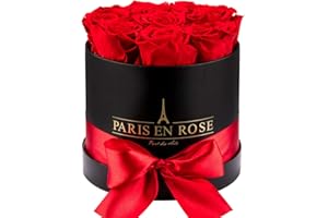 PARIS EN ROSE Rosenbox | mit 9 rote Infinity Rosen Größe XL | konservierte ewige Rose | Schwarze Box mit Schleife | 3 Jahre haltbar