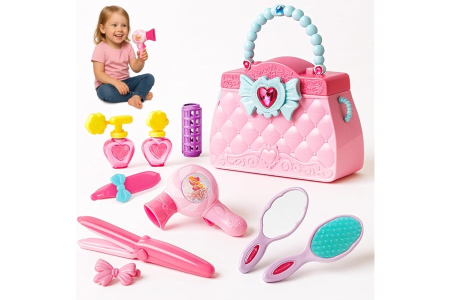 Toyana 10 Pcs Pretend Play Hair Styling Beauty Set Kids Vanity Handbag Kit with Toy Blow Dryer, Straightener, and Mirror Realistic Beauty Salon Playset Stylist Accessories Fun Gift for Girls 3+ Years