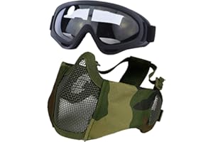 YZPACC Maschera Airsoft con occhiali, pieghevole mezza faccia Airsoft Mesh Mask con protezione per le orecchie per Paintball Shooting Cosplay CS Game