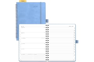 POPRUN 2026 Diary A5 Week to View Spiral Bound PU Leather Soft Cover 22 x 16.5 cm Appointment Work Book - 26 Weekly Planner & Notebook in One, Monthly Tab (Cyan Blue)