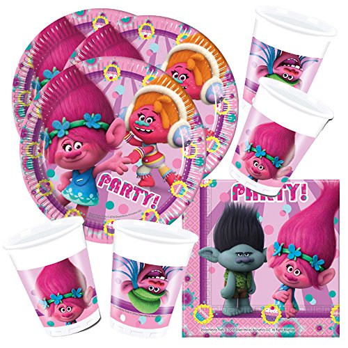52-teiliges Party-Set Trolls - Teller Becher Servietten für 16 Kinder