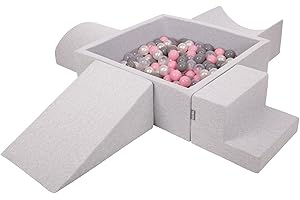 KiddyMoon Spielplatz Aus Schaumstoff Mit Quadrat Bällebad (200 Bälle) Ballgruben Für Babys Spielbad Hindernisläufen, Hergestellt In Der EU, Hellgrau:Perle/Grau/Transparent/Puderrosa