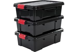 Iris Ohyama, Boîtes de rangement plastique avec couvercle et fermeture à Clips, 25L, Lot de 3, Empilables, Emboîtable, Sans BPA, Grenier, Cabanon, Garage, Garage, SK-230, Noir