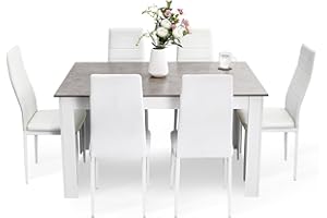 Mondeer Esstisch mit 6 Stühlen Set, Essgruppe mit Hochlehner Kunstleder Stuhl für Küche Esszimmer Wohnzimmer, W138 x D90 x H75 cm, Weiß und Grau