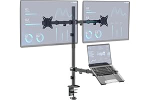 WORLDLIFT Dual Monitor Halterung mit Laptop Ständer für Two 17-32 Zoll LCD LED Bildschirm and 10-15 Zoll Laptop,Extra hoher Verstellbarer Ständer,Max 9kg pro Arm,Vesa 75x75/100x100mm,Schwarz