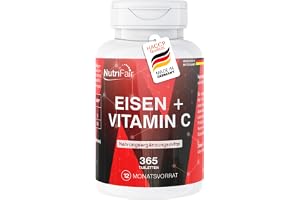 Järn + C-vitamin - 365 tabletter - Järnbisglycinat med naturligt C-vitamin från acerola - Hög dos - 100% vegansk - Tysk produktion och laboratorietester - NutriFair