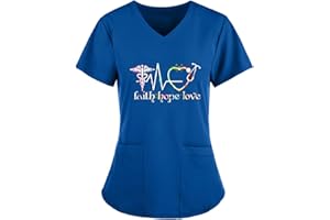 STPT Schlupfhemd Bluse Kurzarm V-Neck Kasack Damen Pflege mit Karikatur Motiv und Taschen Uniform Berufsbekleidung Krankenschwester Kleidung Schlupfkasack Uniformen