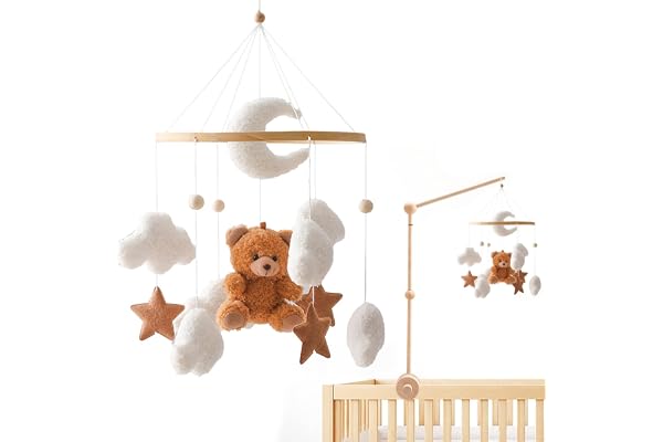 Striegro Mobile, 360° roterad hängande babymobil för spjälsäng, söt brun björn plysch babybarnkammare dekor med moln, pentagram och klockor, 17,7 x 9 för barnrum.
