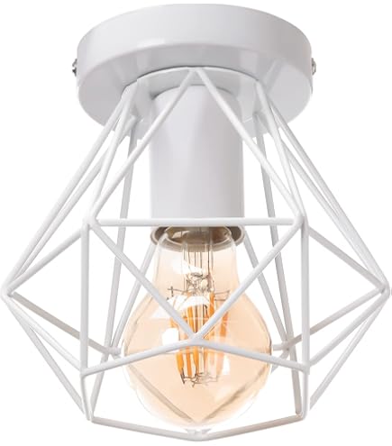 Plafonnier Industriel Métal Cage Blanc - Luminaire Suspension Rétro Vintage Pour Salon, Chambre Et Cuisine - Lampe Plafond Élégante