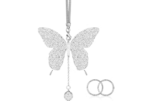 LUTER Butterfly Car Hanging Ornament Pendant + 2pcs Shiny Car Rhinestone Ring Emblem Sticker, Bling Butterfly Automotive interior Charms for Rear View Mirror, Hanging accessories deco