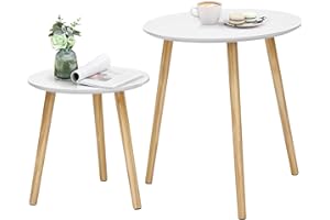 ‎SONGMICS SONGMICS Beistelltisch-Set rund, 2 Moderne Sofatische, minimalistisch, skandinavischer Stil, Couchtische mit Beinen aus Massivholz, Tischkombination fürs Wohnzimmer, Balkon, Kiefernholz LET07WN