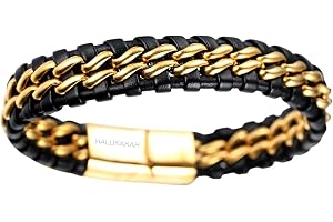 'HALUKAKAH Boy's Kids Bracelet Leather ● Solo Silver/Honour Gold ● 6-12 Y/O. Titanium Chain Magnetic Clasp 7-8''/18cm with Free Giftbox'