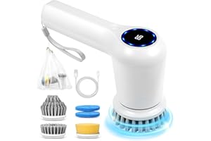 GRUTTI Cordless Rechargeable Electric Spin Scrubber, Spin Scrubber with LED Display, Power Scrubber with 5 Replaceable Brush Heads,bathroom brush for home,Floor,Kitchen,Bathtub,Stove,Car,Tile,Window