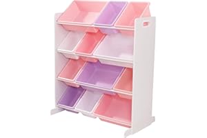 KidKraft Pastelowy organizer do przechowywania zabawek, organizer do przechowywania dla dzieci z 12 plastikowymi pojemnikami, wyjmowane pudełka do przechowywania, meble do pokoju zabaw dla dzieci /
