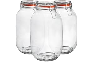 Argon Tableware Glass Jars with Airtight Metal Clip Lid - 3000ml/105.5oz - 3 Pack - 4 Colour Seals - Extra Large Container Round Preserving Jar for Pickling, Chutney, Jam, Coffee, Biscuit