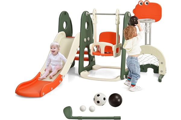 GOPLUS Ensemble Toboggan et Balançoire 6 en 1, avec Panier de Basket Hauteur Réglable&Football&Golf, Motif de Dinosaure,pour 3-8 Ans, Escalade Aire de Jeu Intérieur & Extérieur (Dinosaure Orange)