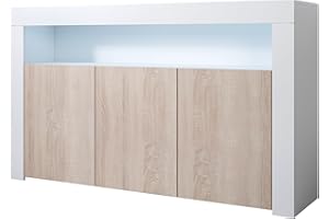 MB Muebles Bonitos, Aparador Aker con Luz LED y 3 Puertas para Salón Comedor, Mueble TV de Melamina, Color Blanco Brillo y Sonoma Mate, 155x91,5x37 cm