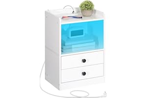 HOOBRO Comodino con Striscia LED, Tavolino con Stazione di Ricarica, 2 Cassetti, Portaoggetti con Luce Regolabile, per Camera da Letto, Soggiorno, Stile Moderno, Bianco EWT28CDBZ01