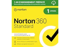 Norton 360 Standard 2026 |1 Appareil | 1 An d'Abonnement en renouvellement automatique |Téléchargement