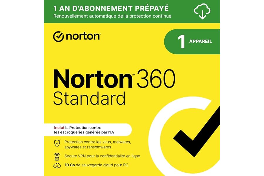 Norton 360 Standard |1 Appareil | 1 An d'Abonnement en renouvellement automatique |Téléchargement