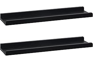 PHOENANCEE Solid Wood, 60cm Wooden Picture Ledge Shelf, Photos Display Shelf, Long Decorative Floating Shelves With Lip For Living Room,Kitchen,Bedroom, Set of 2, Black