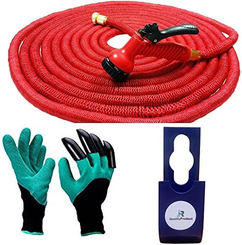 100ft The Latest Generation Red Expanding Super Hose Pipe with Claw Gardening Gloves &amp; Hanger, 7 Function Spray Gun and Fitted Garden Tap Connector – This Expandable Hose is Manufactured to a higher Tough Specification – Warranted - 6 Months Expands up to 3 Times its Original Length – Lightweight and No more Kinking – Shrinks like Magic for Easy Storage.