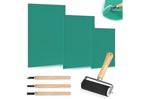 JSUOEO Lino Printing Kit, 3 PCS A4 A5 A6 Lino Sheets with Brayer Roller and 3 Cutter Tools Green Soft Flat Surface Linocut Printing Plates Set for Engraving Stamps Crafts
