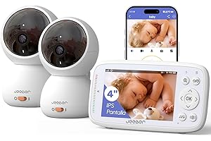 jeeber Camara Vigilancia Bebe con 2 Camaras con App Movil, 4" IPS Pantalla, 360 ​​Grados, Visión Nocturna, Detección de Movimiento Inteligente, Área de Seguridad Personalizada, VOX