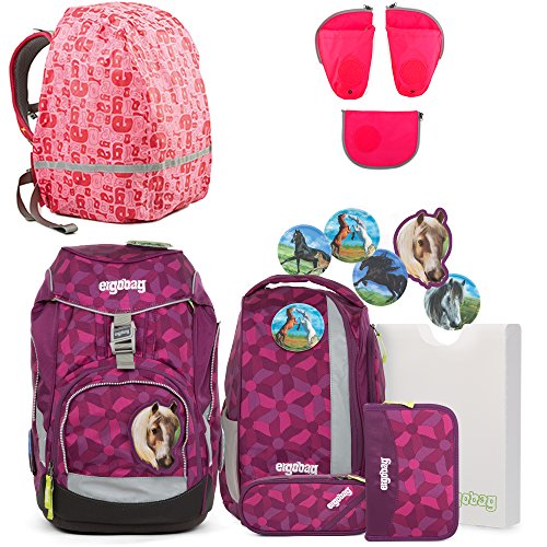 Preisvergleich Produktbild Ergobag Pack NachtschwärmBär Schulrucksack-Set 6tlg + Regenhaube Pink + Seitentaschen ZIP-Set Pink