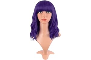 MapofBeauty 14 Pulgada/35 cm Corto Wavy Bob Pelucas Con Flequillo Shoulder Largo Rizo Pelucas Flat Bang Cabello Sintética Fiesta Peluca (Oscuro Púrpura)