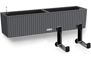 Lechuza Self Watering Pot BALCONERA Cottage 80 Granite Plastic Balcony Planter for Railing Rattan Look Planter H19 L80 W19 cm Bundle with Black Balcony Brackets