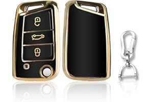 QBUC Goldener Rand Autoschlüssel Hülle für VW, Drei Tasten Autoschlüsselkasten, Auto kratzfestes Schlüsselgehäuse，Schlüsselhülle Cover für VW Polo, Skoda, Tiguan, MK (A-Schwarz)