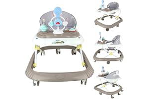 OHMG Trotteur Bébé Fille Garçon 6-18 Mois,Trotteur Marche Bébé Evolutif 3 en 1,Pousseur Pliable avec Lumière et Musique,Hauteur Réglable en 4 Positions,Coussin Amovible,Charge15KG