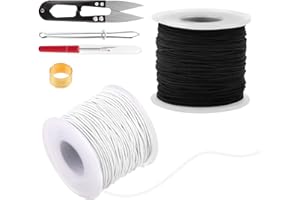 VMUTGA Fils Elastique pour Bracelet, 1mm x 100m Cordon Elastique avec Ciseaux et Aiguille à Perles, Cordon d'Artisanat pour Tisser des Colliers, Bracelet, Noir et Blanc
