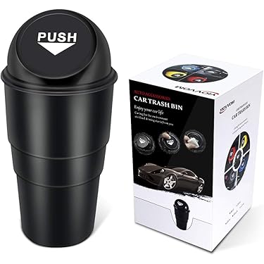 Einesin Kleine afvalemmer voor in de auto, met deksel, waterdicht en geurremmend, zwart-zwart, cilindrisch, handmatige lift, voor binnen (zwart