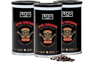 Café Bou | Café en Grano Five Origins – Premium | 100% Arábica | Aromas a Chocolate, Almendras y Melocotón | Intensidad media | Café para Espresso | Pack 3 botes x 170 gr