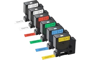 Gigmeta Set di 6 nastri Compatibile per Dymo D1, 12 mm x 7 m, per Dymo Labelmanager PNP/160/210D/280/350/420P/450D/500TS, D1 45013 45016 45017 45018 45019, Nero su bianco/blu/rosso/Giallo/Verde