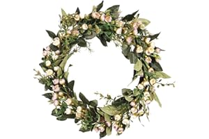 FLAMEER Spring Wreaths, 16" Artificial Door Wreath with Eucalyptus Leaves & Little Flowers for Front Door Farmhouse Wreath Greenery Wall Indoor Outdoor Décor - Light Color